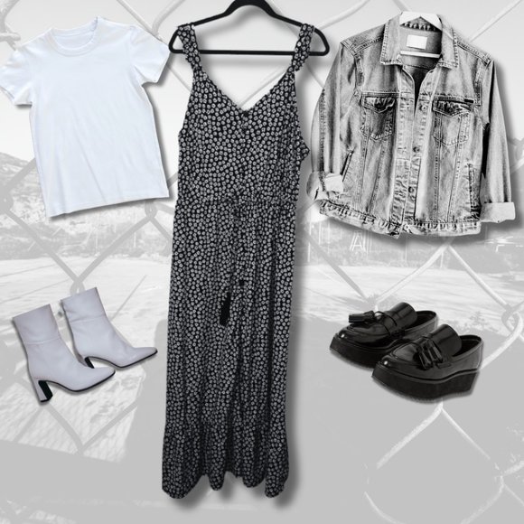 Ruffle strap Daisy print Maxi Sundress Black and White Floral‎ Maxi Plus size - Picture 2 of 8